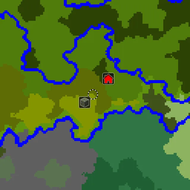 Overworld biome map of seed 2030344811373742 around spawn, with the jungle pyramid and bamboo jungle marked