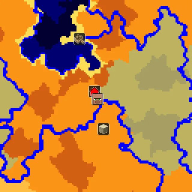 Overworld biome map of seed 1849230432813361 around spawn, with the village marked