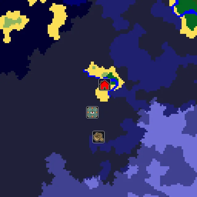 Overworld biome map of seed 212752503628768 around spawn, with the monument marked