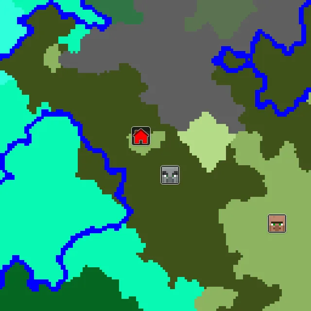 Overworld biome map of seed 55159084632331632 around spawn, with the mansion marked