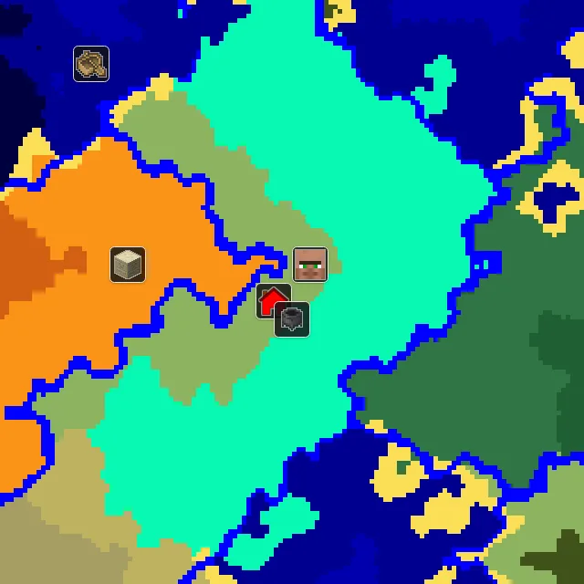 Overworld biome map of seed 8079560615630916439 around spawn, with the village and swamp hut marked