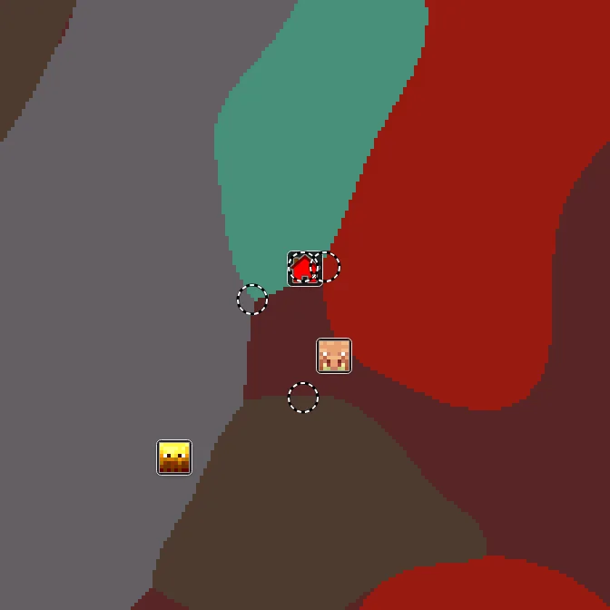 Nether biome map of seed -2375248617894419560 around Nether 0, 0, with the crimson forest and warped forest and soul sand valley and basalt delta marked