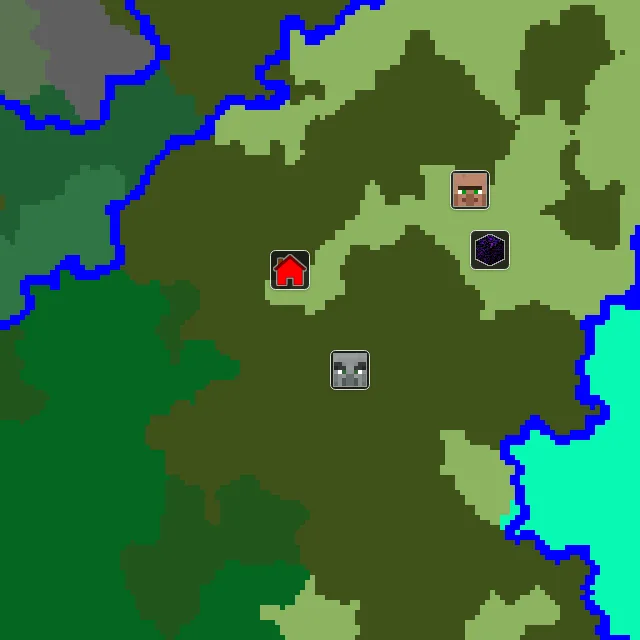 Overworld biome map of seed 34601657136405448 around spawn, with the mansion marked