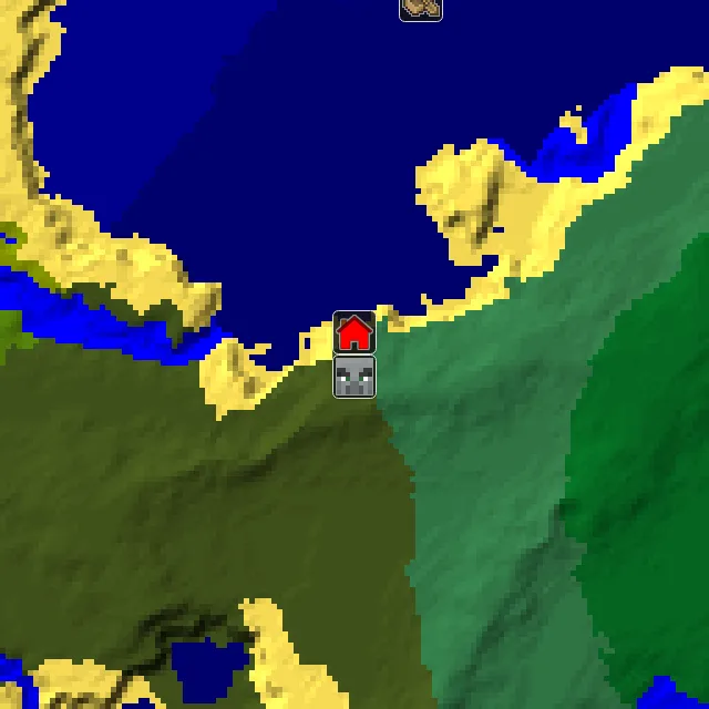 Overworld biome map of seed 1257787932614147 around spawn, with the mansion marked