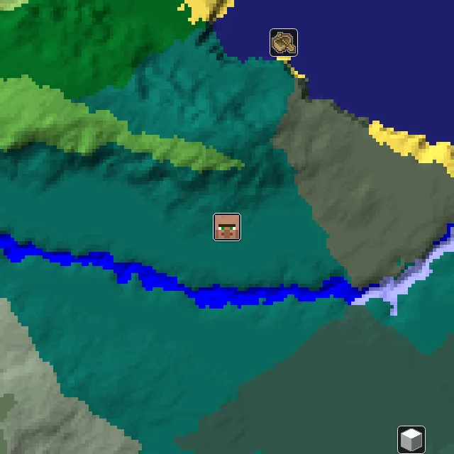 Overworld biome map of seed 1684013368944765 around spawn, with the village marked