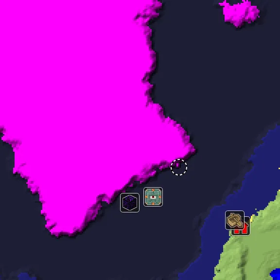 Overworld biome map of seed 1837313616410879242 around spawn, with the mushroom fields marked