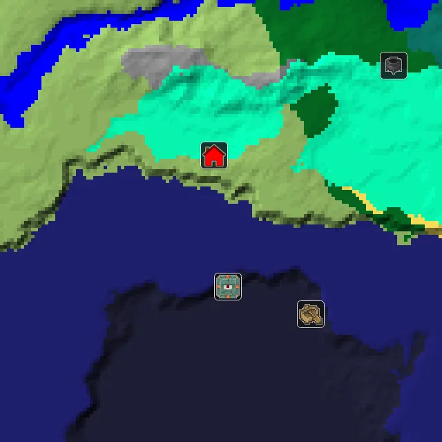 Overworld biome map of seed 2576090928734299 around spawn, with the monument marked