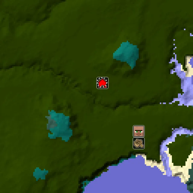 Overworld biome map of seed 3413665292114494 around spawn at Y 0, with the village and lush caves marked