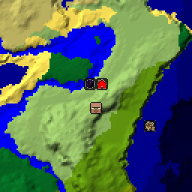 Overworld biome map of seed 951586694299244 around spawn, with the village and ruined portal marked