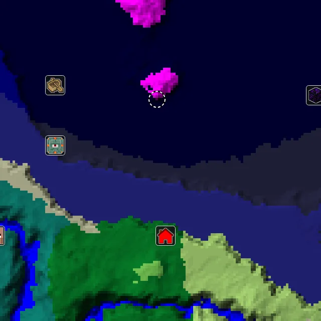 Overworld biome map of seed -3100907940127111444 around spawn, with the mushroom fields marked