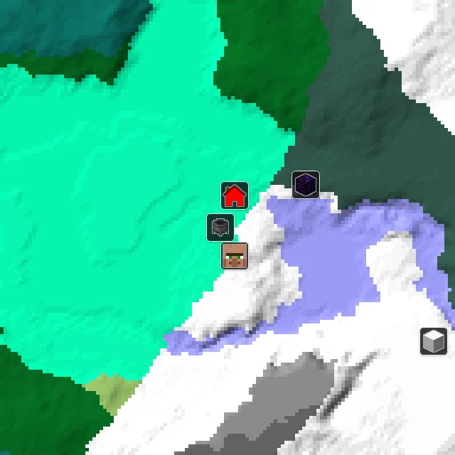 Overworld biome map of seed 1849390104409608676 around spawn, with the village and swamp hut marked
