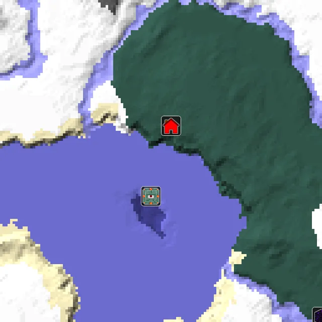 Overworld biome map of seed 42027758483309 around spawn, with the monument marked