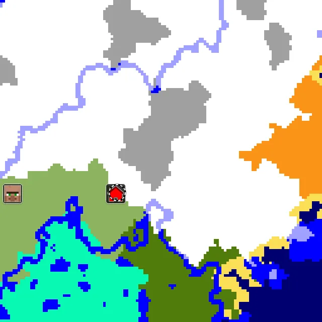 Overworld biome map of seed 1616448976191433071 around spawn, with the snowy plains marked