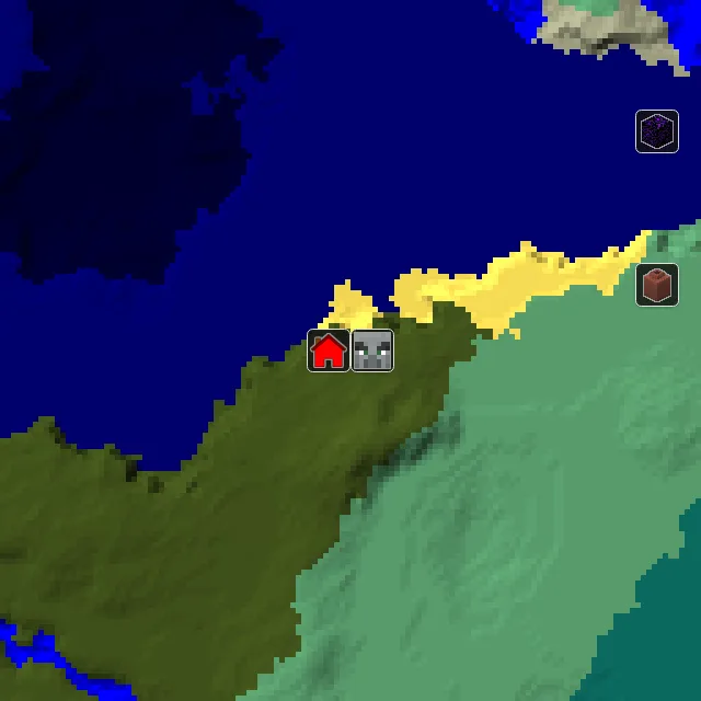 Overworld biome map of seed 22747378045018549 around spawn, with the mansion marked