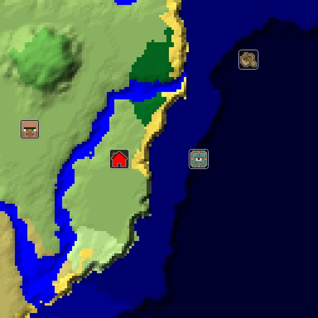 Overworld biome map of seed 3997696169739803 around spawn, with the monument marked