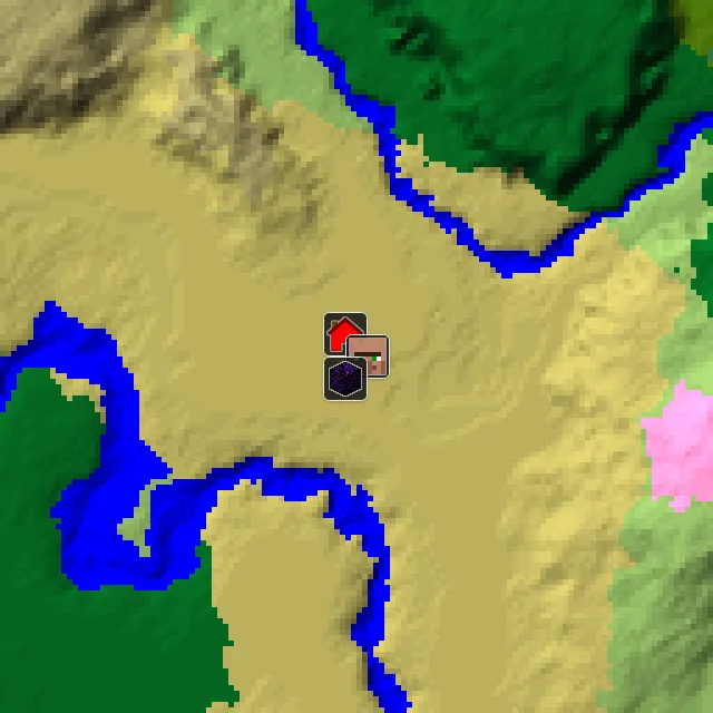 Overworld biome map of seed 878654892994598 around spawn, with the village and ruined portal marked