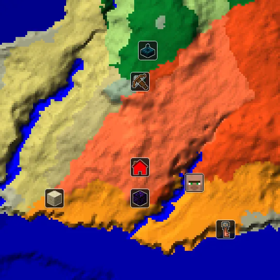 Overworld biome map of seed -8574436333040367599 around spawn, with the village and ruined portal and desert pyramid and outpost and trial chamber and ancient city marked