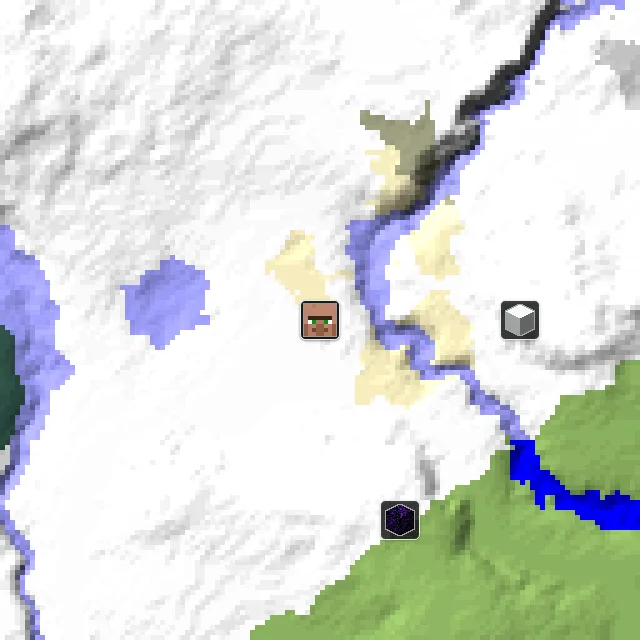 Overworld biome map of seed 1138588672103223 around spawn, with the village marked
