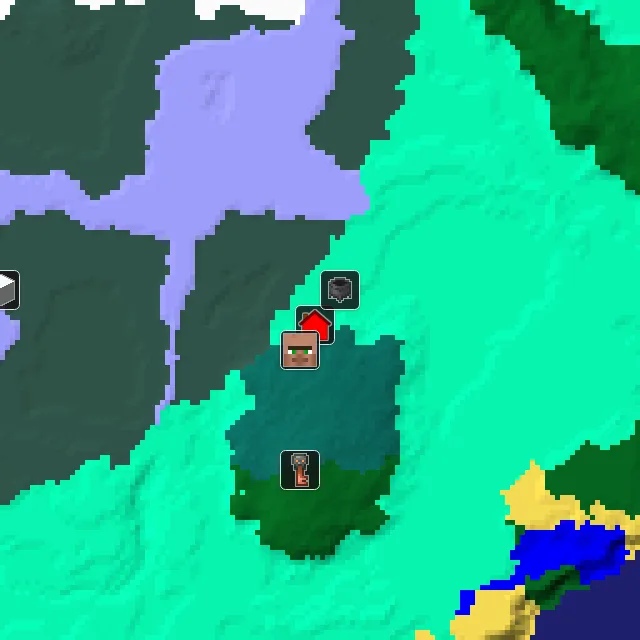 Overworld biome map of seed 123575951371545311 around spawn, with the village and swamp hut marked