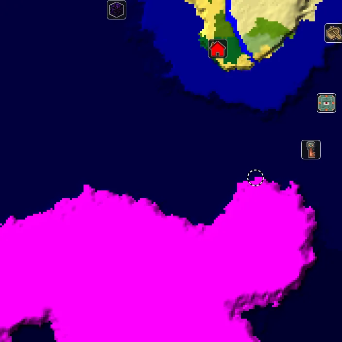 Overworld biome map of seed 8848941816345899447 around spawn, with the mushroom fields marked