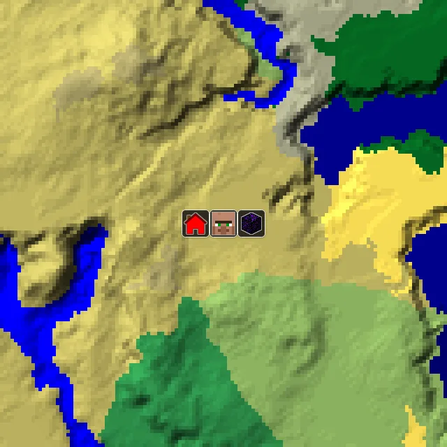 Overworld biome map of seed 889262350464862 around spawn, with the village and ruined portal marked