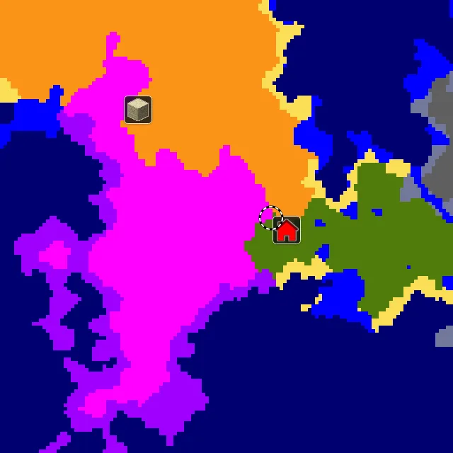 Overworld biome map of seed -713028269014499523 around spawn, with the mushroom fields marked