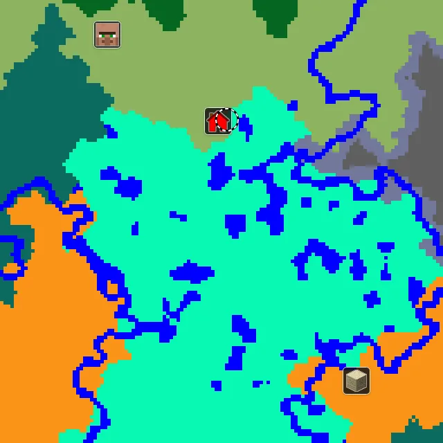 Overworld biome map of seed -8920197833909206638 around spawn, with the swamp marked