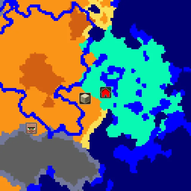 Overworld biome map of seed 12180874084381287 around spawn, with the desert pyramid marked
