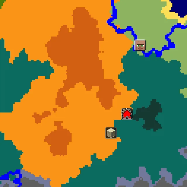 Overworld biome map of seed 3707970641368717485 around spawn, with the desert marked