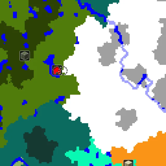 Overworld biome map of seed 7407769589747215604 around spawn, with the snowy plains marked