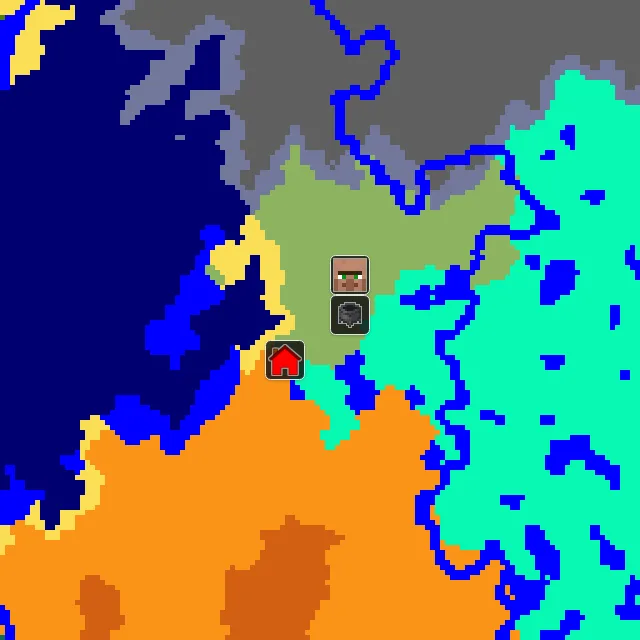 Overworld biome map of seed 99980373894797026 around spawn, with the village and swamp hut marked