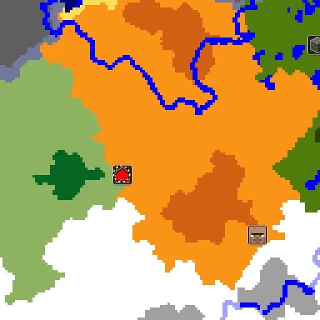Overworld biome map of seed -134913556864302445 around spawn, with the desert marked