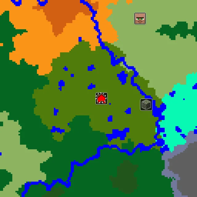 Overworld biome map of seed -3316698323236489743 around spawn, with the jungle marked