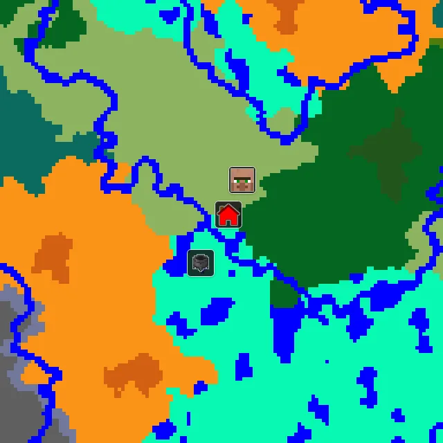 Overworld biome map of seed 15358148778342 around spawn, with the village and swamp hut marked
