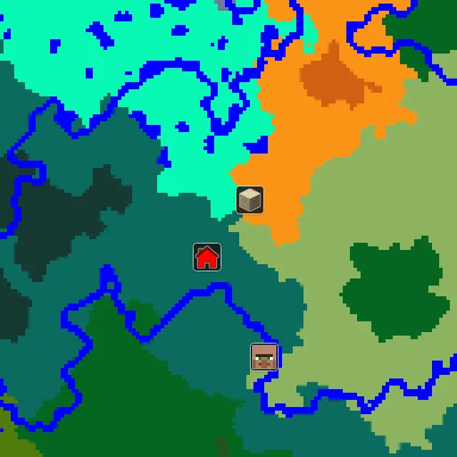 Overworld biome map of seed 215908630790900 around spawn, with the desert pyramid marked