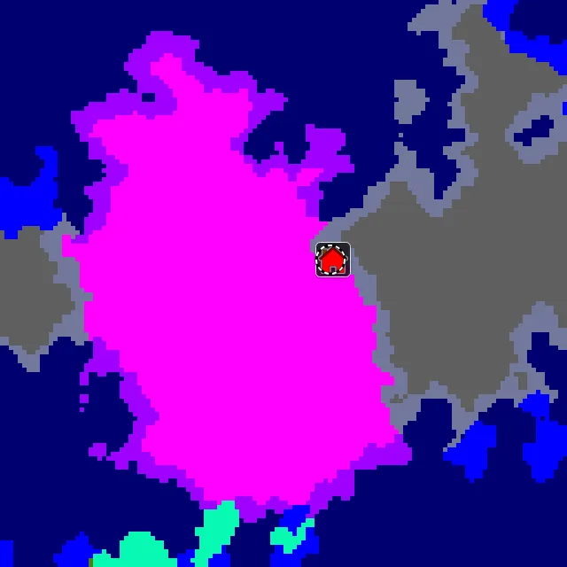 Overworld biome map of seed 3457201152758268628 around spawn, with the mushroom fields marked