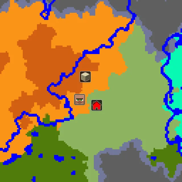 Overworld biome map of seed 4886739379174881 around spawn, with the desert pyramid marked