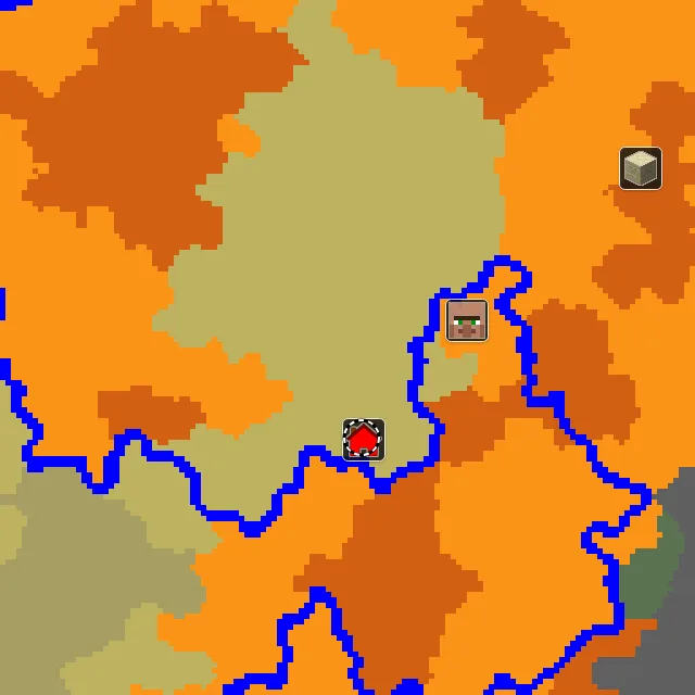Overworld biome map of seed -4480940105732769500 around spawn, with the savanna marked