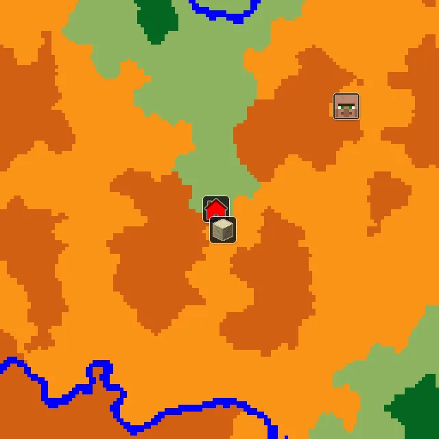 Overworld biome map of seed 1207551226329711 around spawn, with the desert pyramid marked