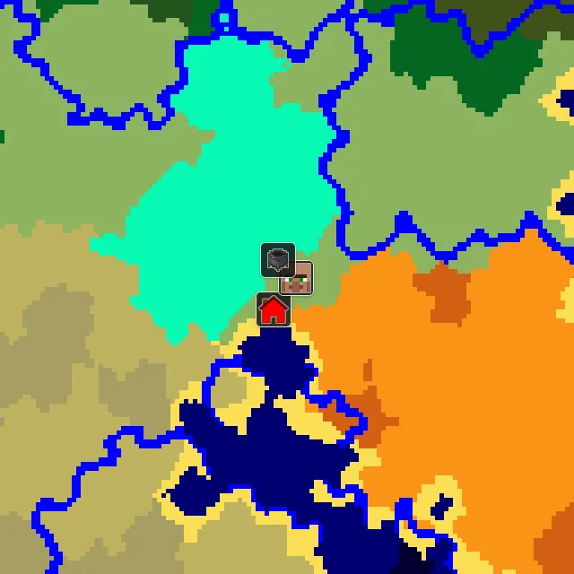 Overworld biome map of seed 1223246072354038409 around spawn, with the village and swamp hut marked