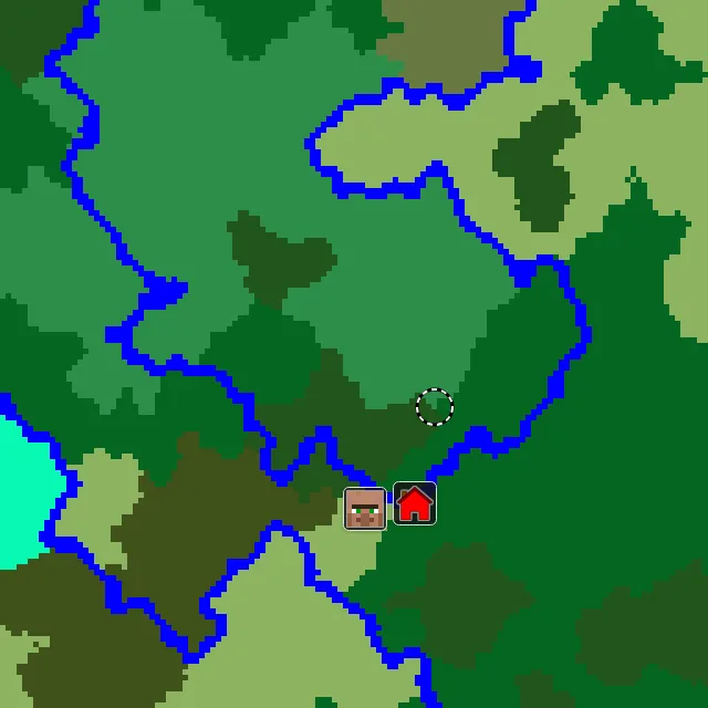 Overworld biome map of seed 6564236305789782 around spawn, with the village and flower forest marked