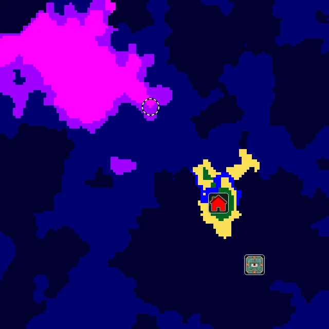 Overworld biome map of seed 28829545874439179 around spawn, with the monument and mushroom fields marked