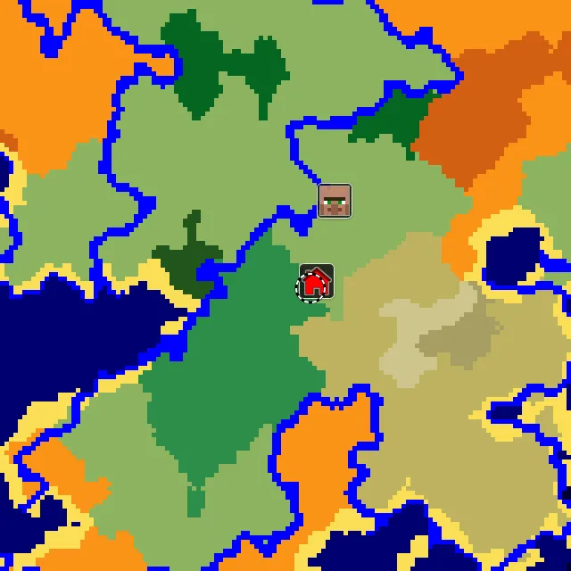 Overworld biome map of seed 6035054027000037 around spawn, with the village and flower forest marked