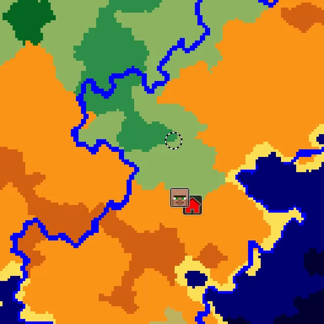 Overworld biome map of seed 17993132473762505 around spawn, with the village and flower forest marked