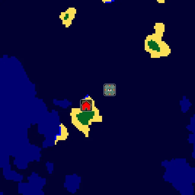 Overworld biome map of seed 677234351525364 around spawn, with the monument marked