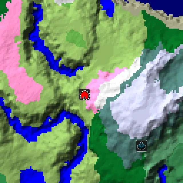 Overworld biome map of seed -5081048861444757073 around spawn, with the cherry grove marked