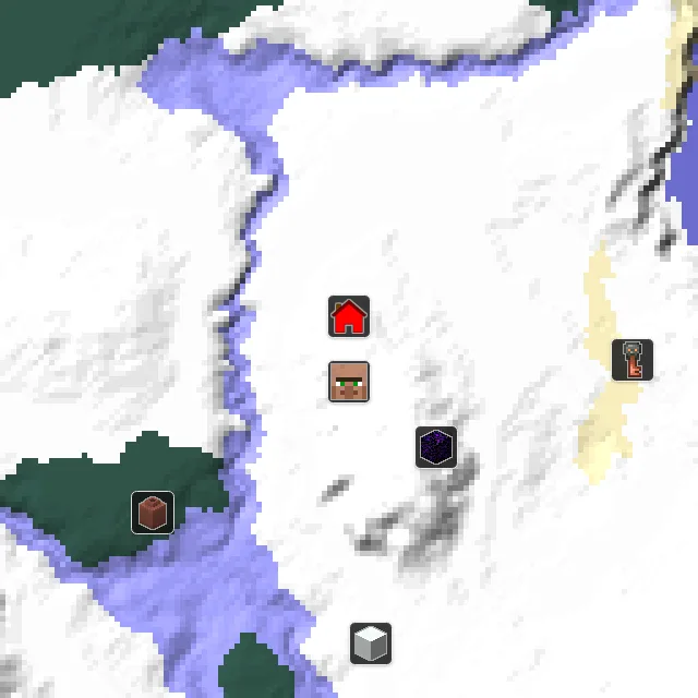 Overworld biome map of seed 105054226415624 around spawn, with the village marked