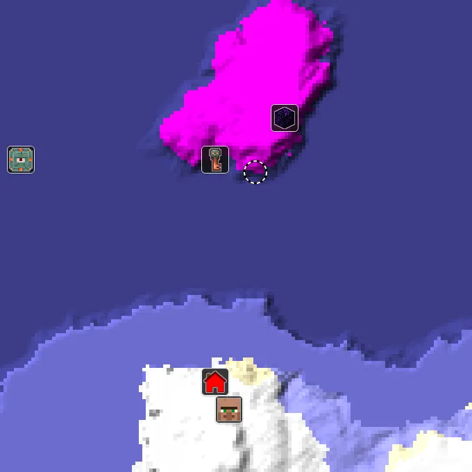 Overworld biome map of seed 2141165974789938423 around spawn, with the mushroom fields marked