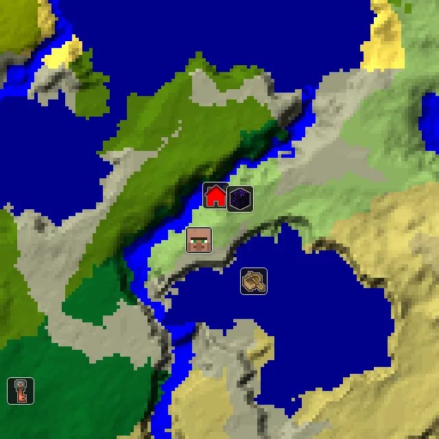 Overworld biome map of seed 1243094667713051 around spawn, with the village and ruined portal marked