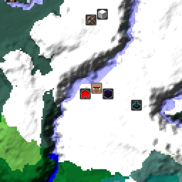 Overworld biome map of seed 34408078497149 around spawn, with the village marked